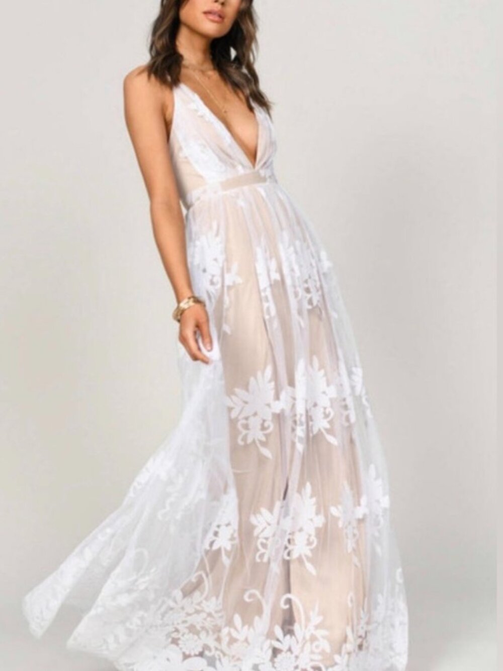 Luxxel White Floral Mesh Overlay Maxi Dress - Size SM NWT